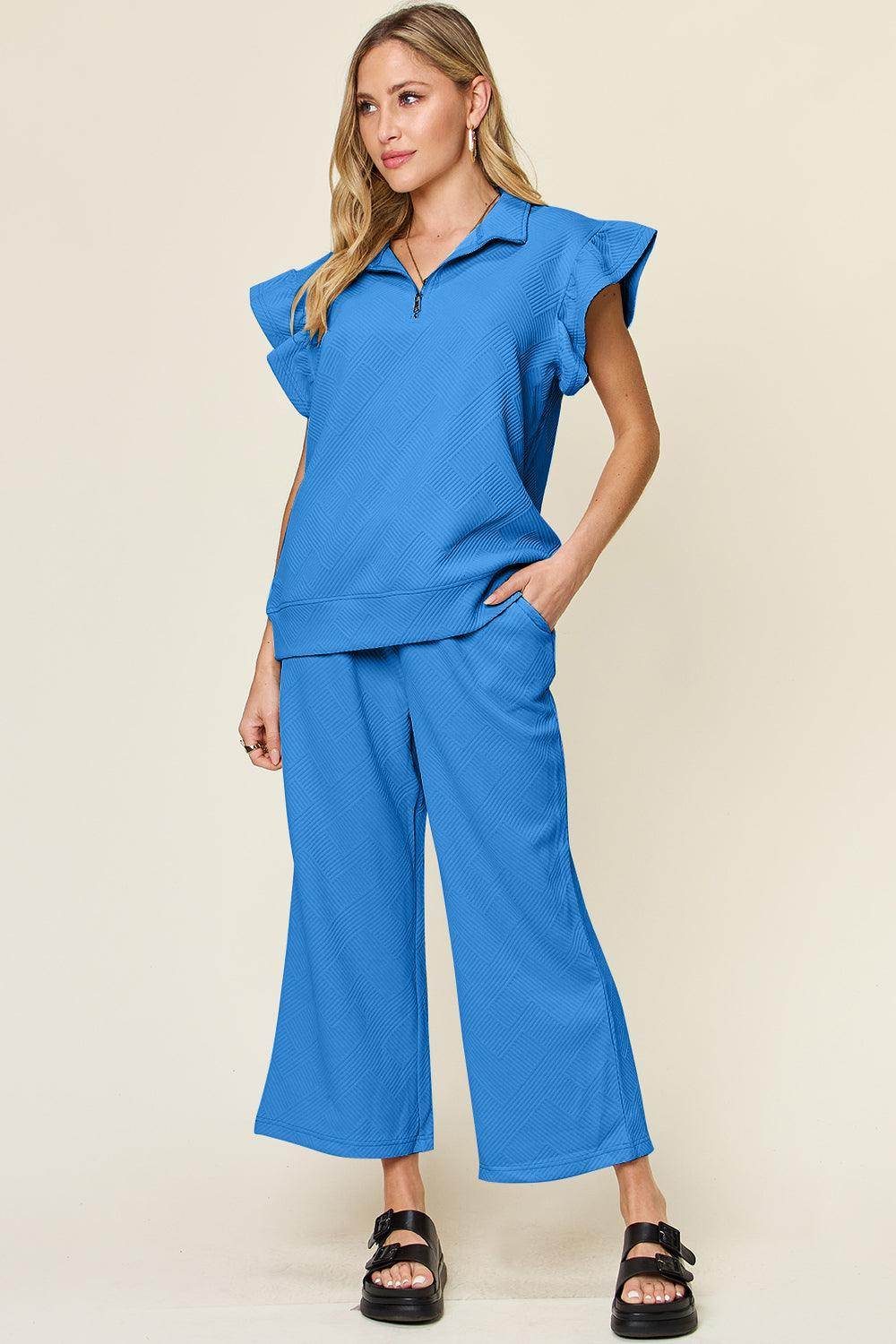 Double Take Texture Ruffle Short Sleeve Top and Pants Set - Selvanelle