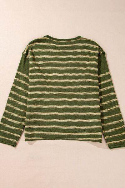 Striped Round Neck Dropped Shoulder Sweater for Women - Selvanelle