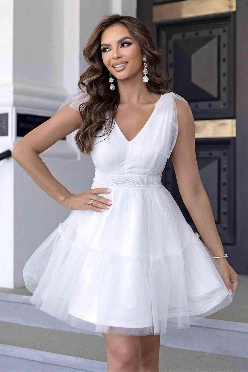 V-Neck Shoulder Detail Mesh Dress for Stylish Women - Selvanelle
