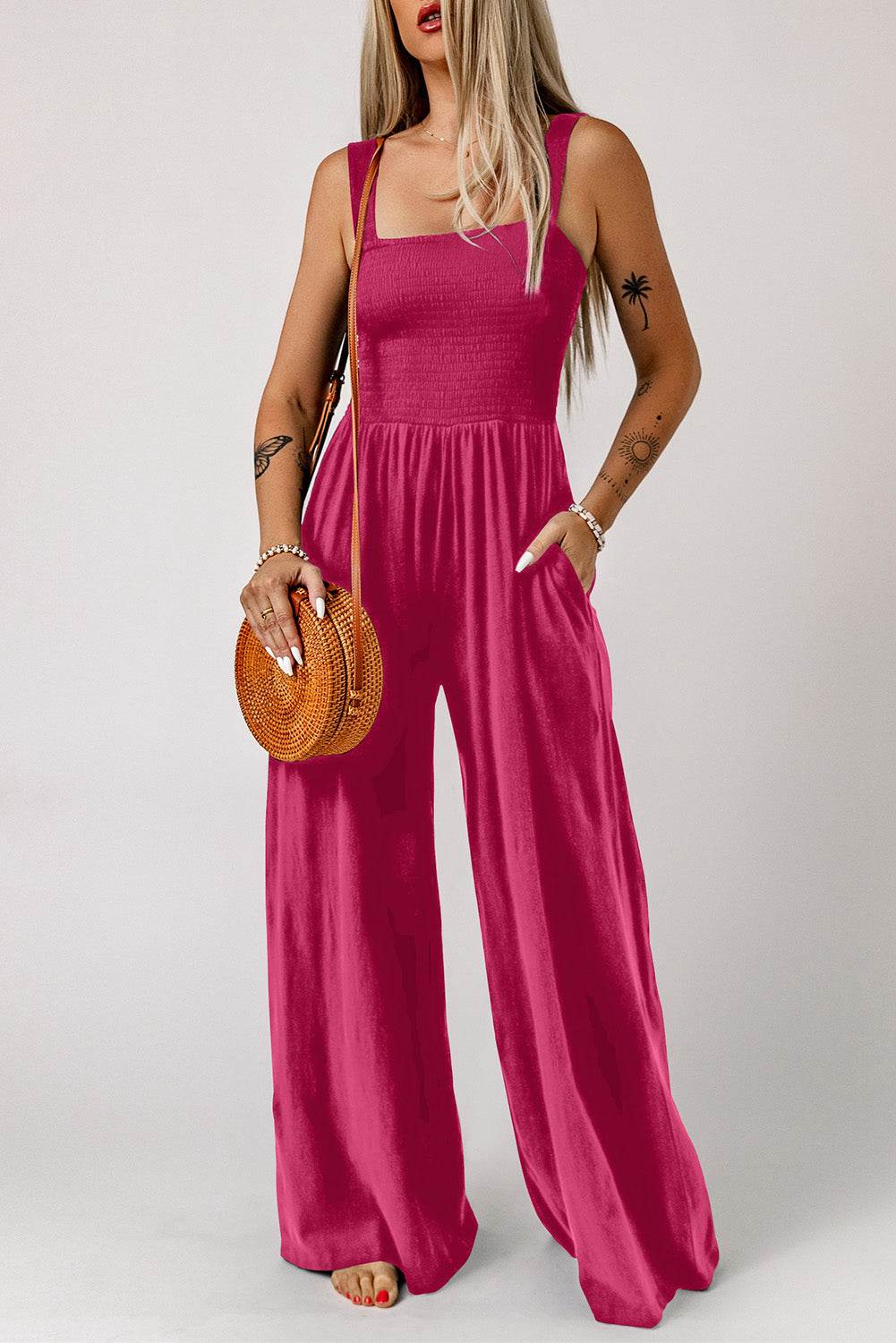 Smocked Square Neck Wide Leg Jumpsuit with Pockets - Selvanelle