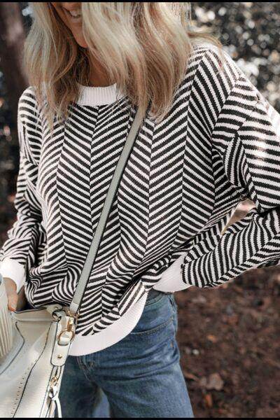Striped Round Neck Long Sleeve Sweater for Women Fashion - Selvanelle