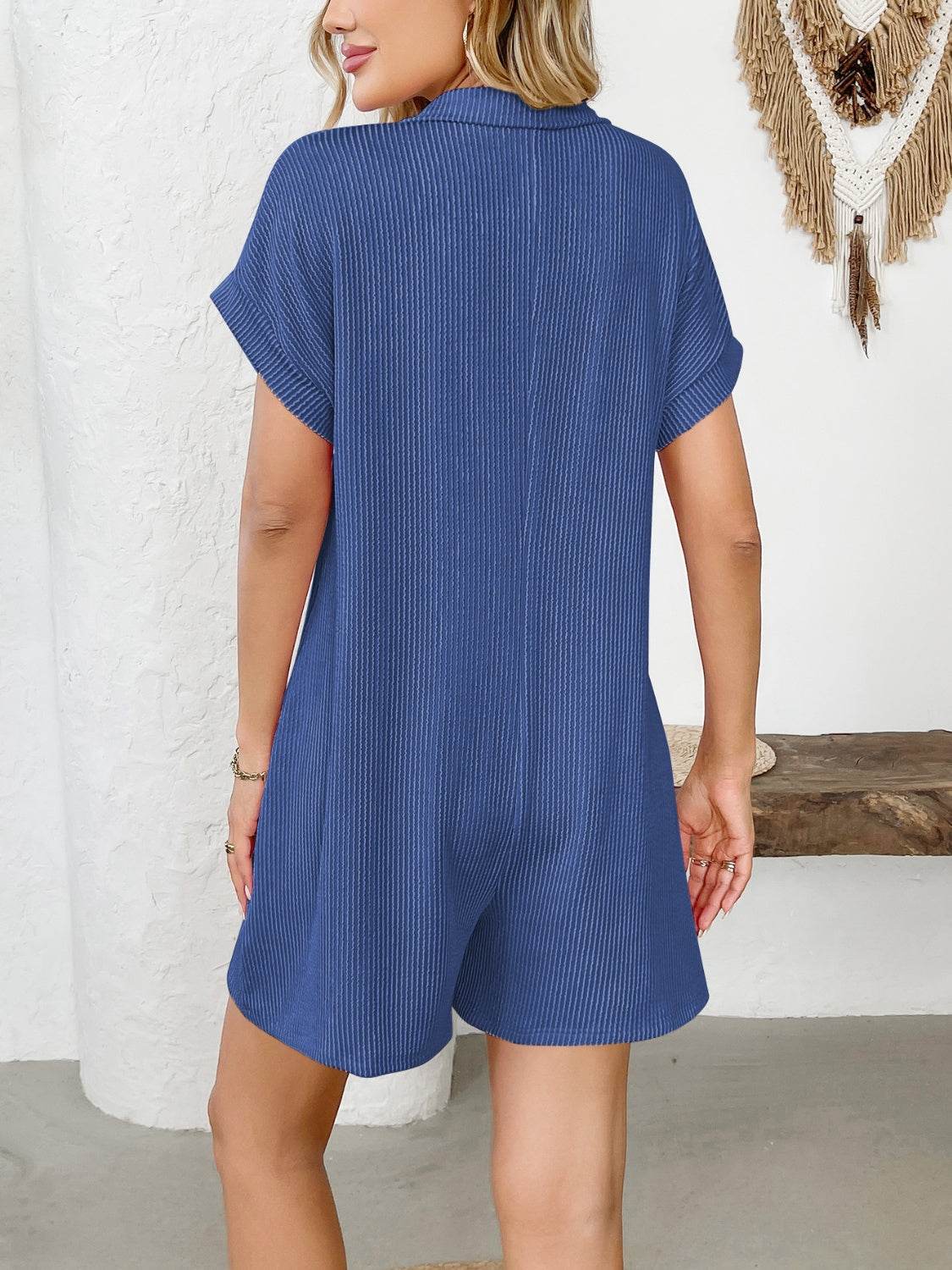 Button Detail Collared Neck Short Sleeve Romper - Selvanelle