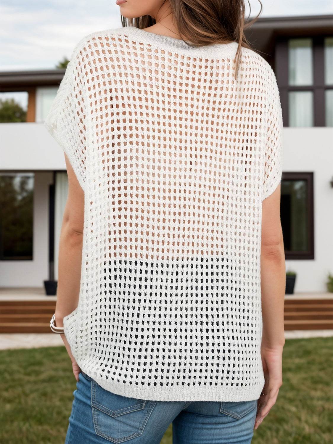 Openwork Round Neck Short Sleeve Cover-Up - Selvanelle