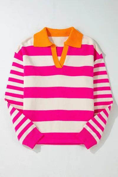Contrast Stripes Johnny Collar Long Sleeve Sweater for Women - Selvanelle