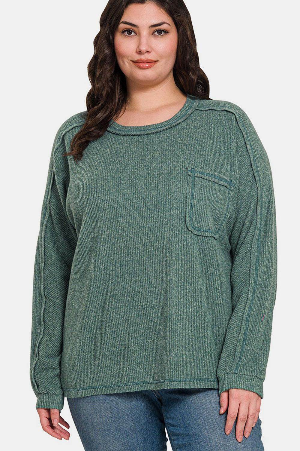 Zenana Full Size Contrast Stitching Brushed Ribbed Top - Selvanelle
