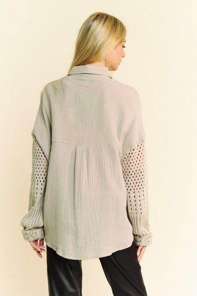 Davi & Dani Crochet Sleeve Crinkled Texture Shirt for Women - Selvanelle