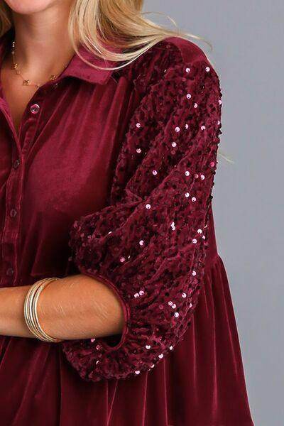 Umgee Sequin Detail Tiered Back Half Sleeve Shirt for Women - Selvanelle