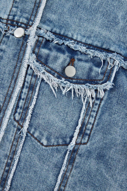Raw Hem Drawstring Plaid Denim Jacket for Women - Selvanelle