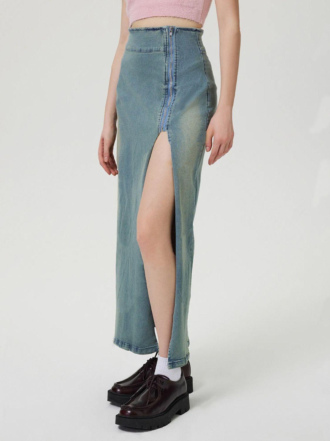 Slit Denim Skirt with Zip for Women in Various Sizes