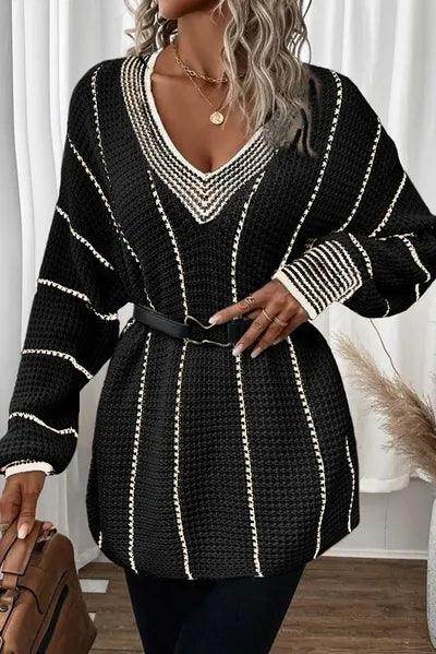 Striped V-Neck Long Sleeve Sweater for Women Fashion - Selvanelle