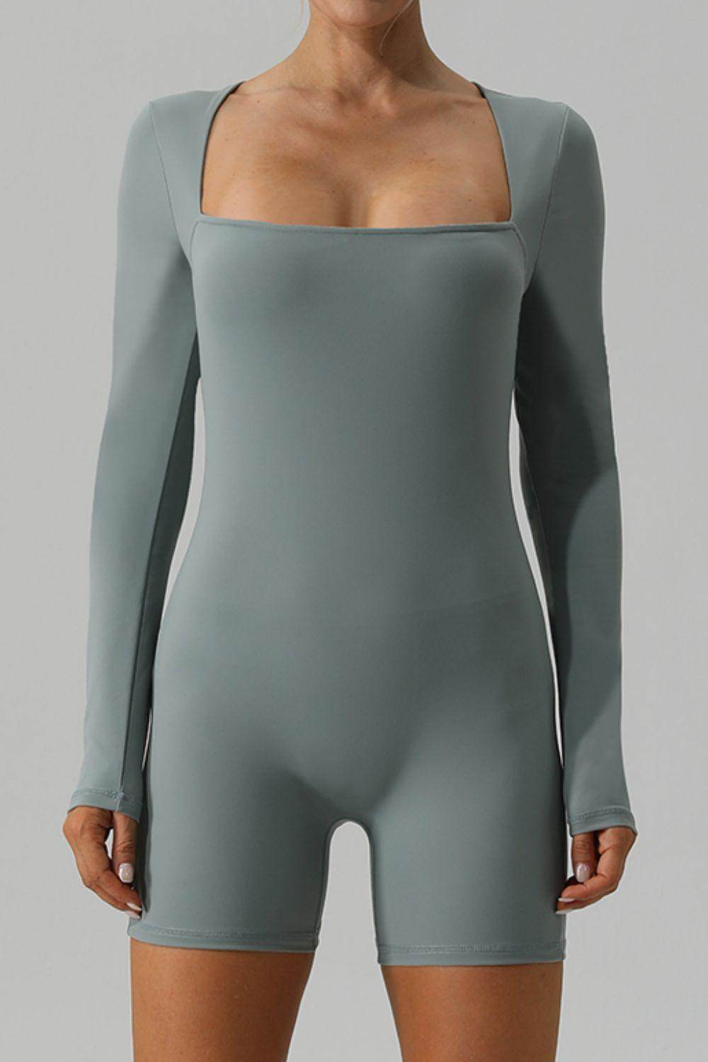 Square Neck Long Sleeve Active Romper for Women Fitness - Selvanelle