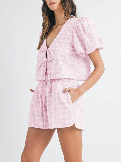 V-Neck Puff Sleeve Top and Shorts Set for Women Fashion - Selvanelle