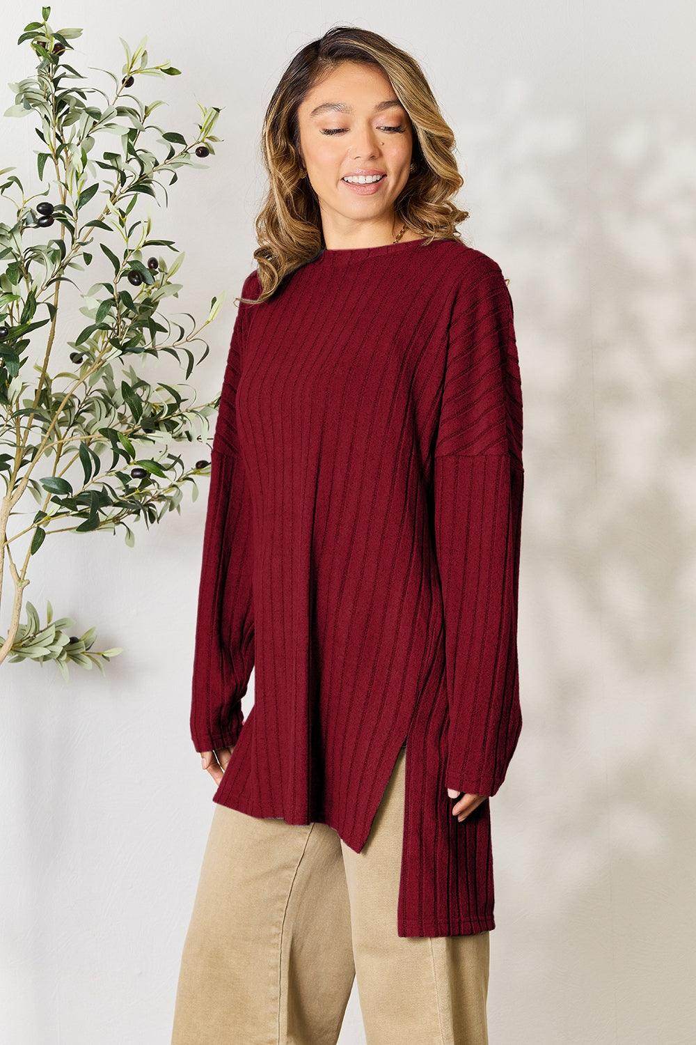 Basic Bae Full Size Ribbed Round Neck Long Sleeve Slit Top - Selvanelle