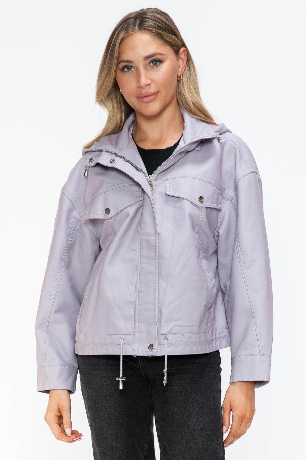 How Dare U Drawstring Hem PU Leather Zip Up Jacket Women - Selvanelle