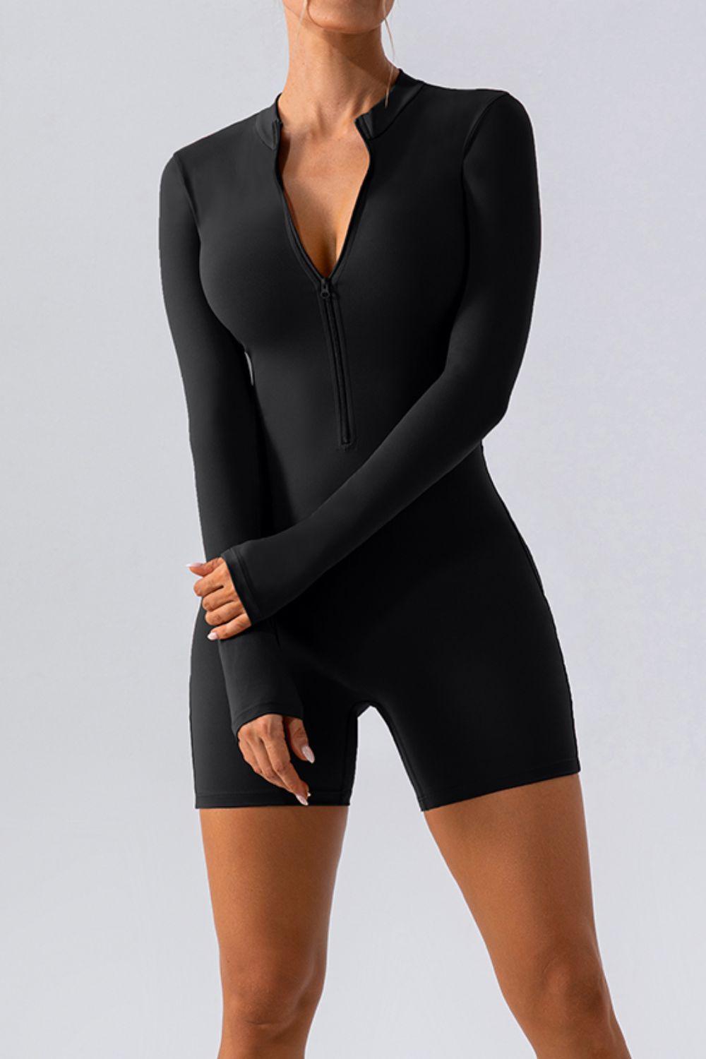 Half Zip Long Sleeve Active Romper for Women Fitness