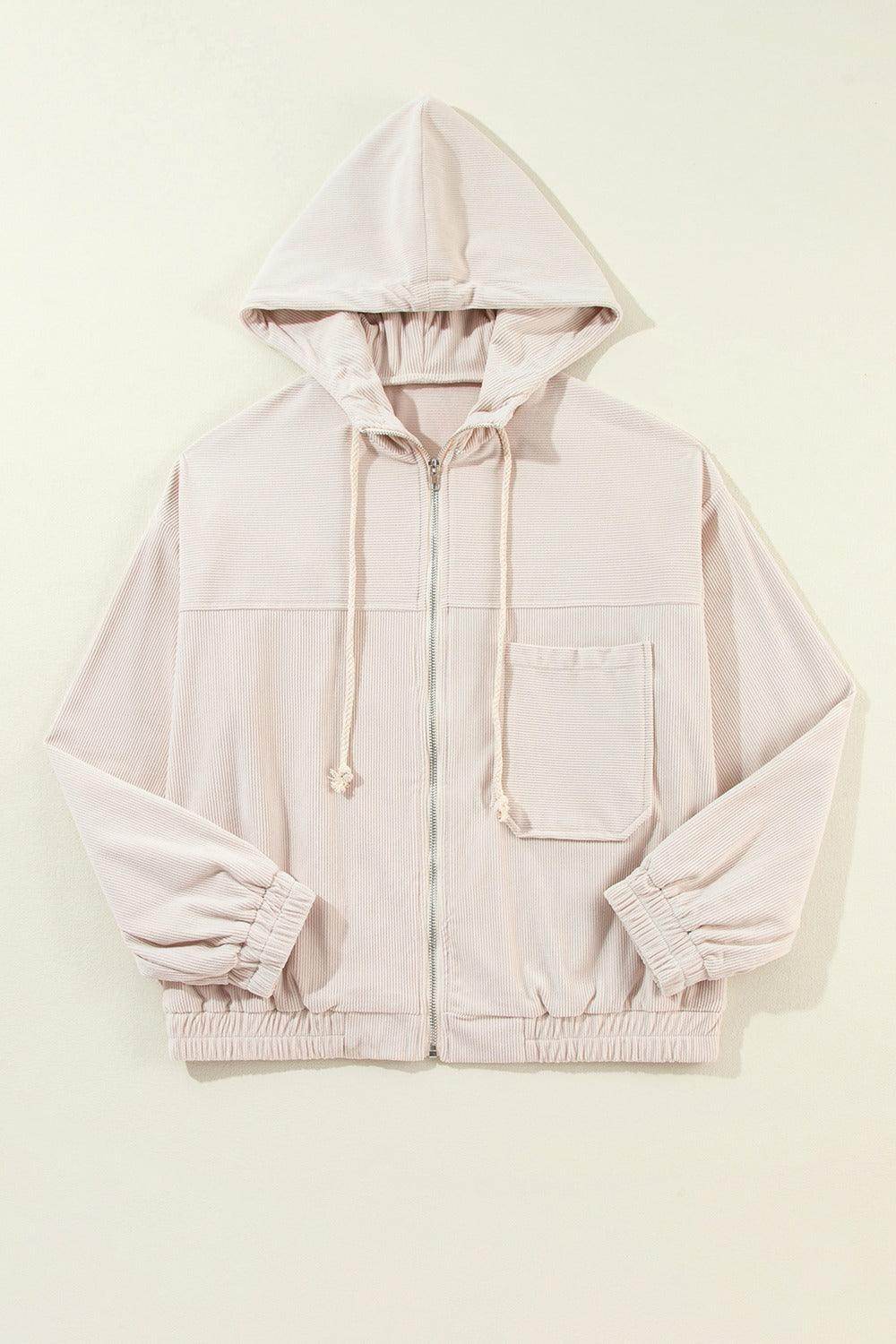 Corduroy Zip Up Long Sleeve Hooded Jacket for Women - Selvanelle
