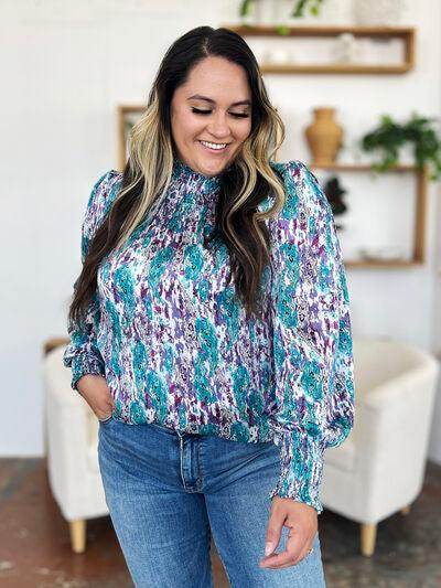 Double Take Full Size Printed Smocked Long Sleeve Blouse - Selvanelle