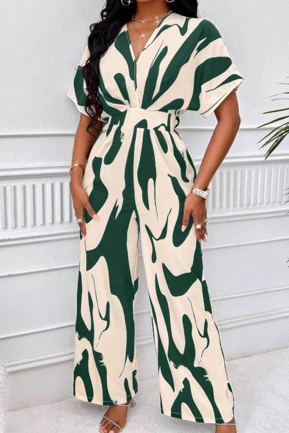 Printed V-Neck Short Sleeve Wide Leg Jumpsuit for Women - Selvanelle