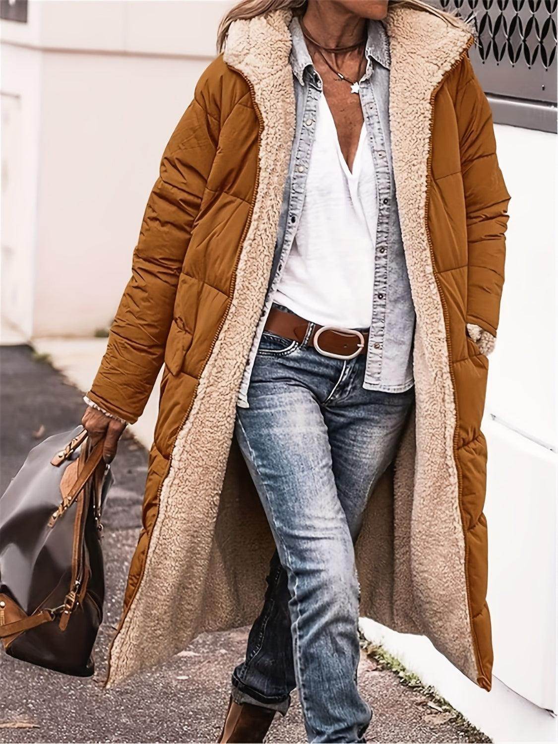 Full Size Zip Up Sherpa Hooded Coat for Women and Plus Size - Selvanelle