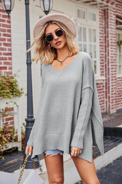 Slit V-Neck Dropped Shoulder Sweater for Effortless Style - Selvanelle