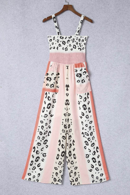 Leopard Color Block Smocked Jumpsuit - Selvanelle
