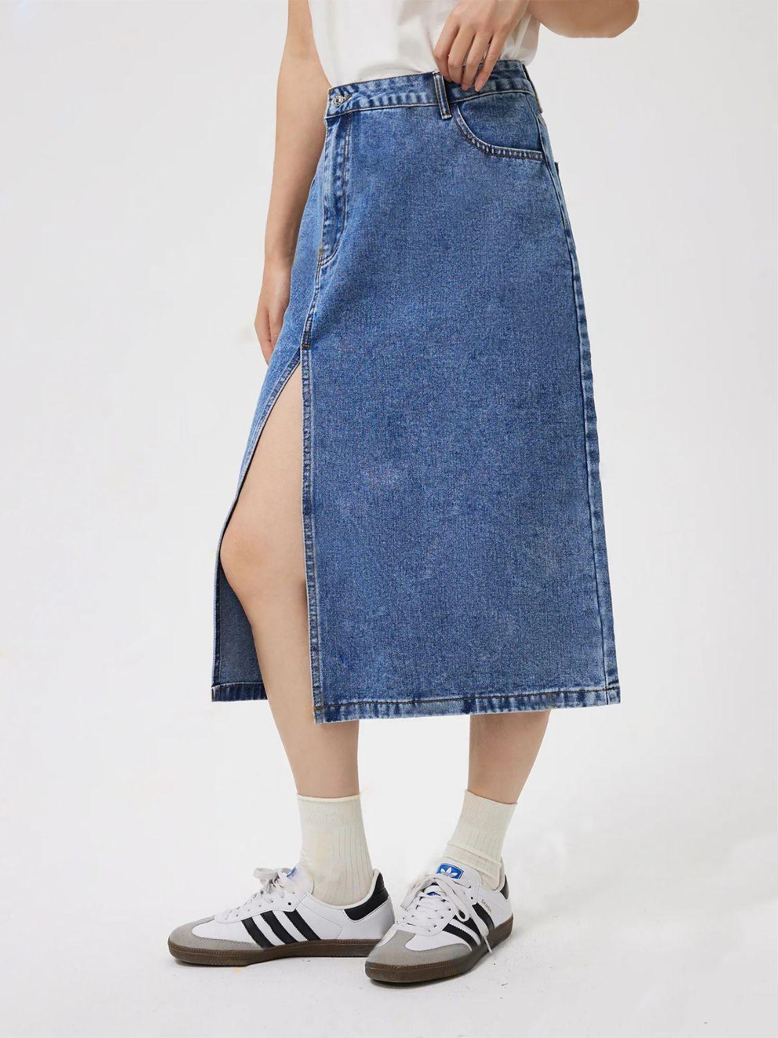 Slit Midi Denim Skirt with Pockets for Stylish Look