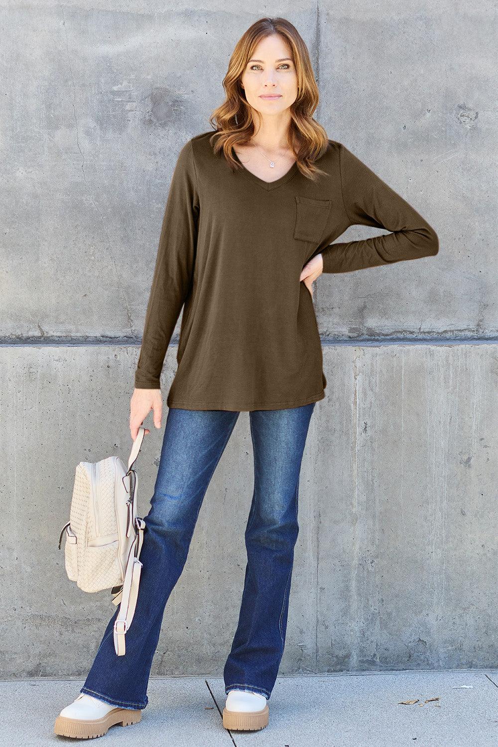 Basic Bae Full Size V-Neck Long Sleeve Top for Women