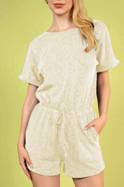 Round Neck Short Sleeve Romper with Pockets - Selvanelle
