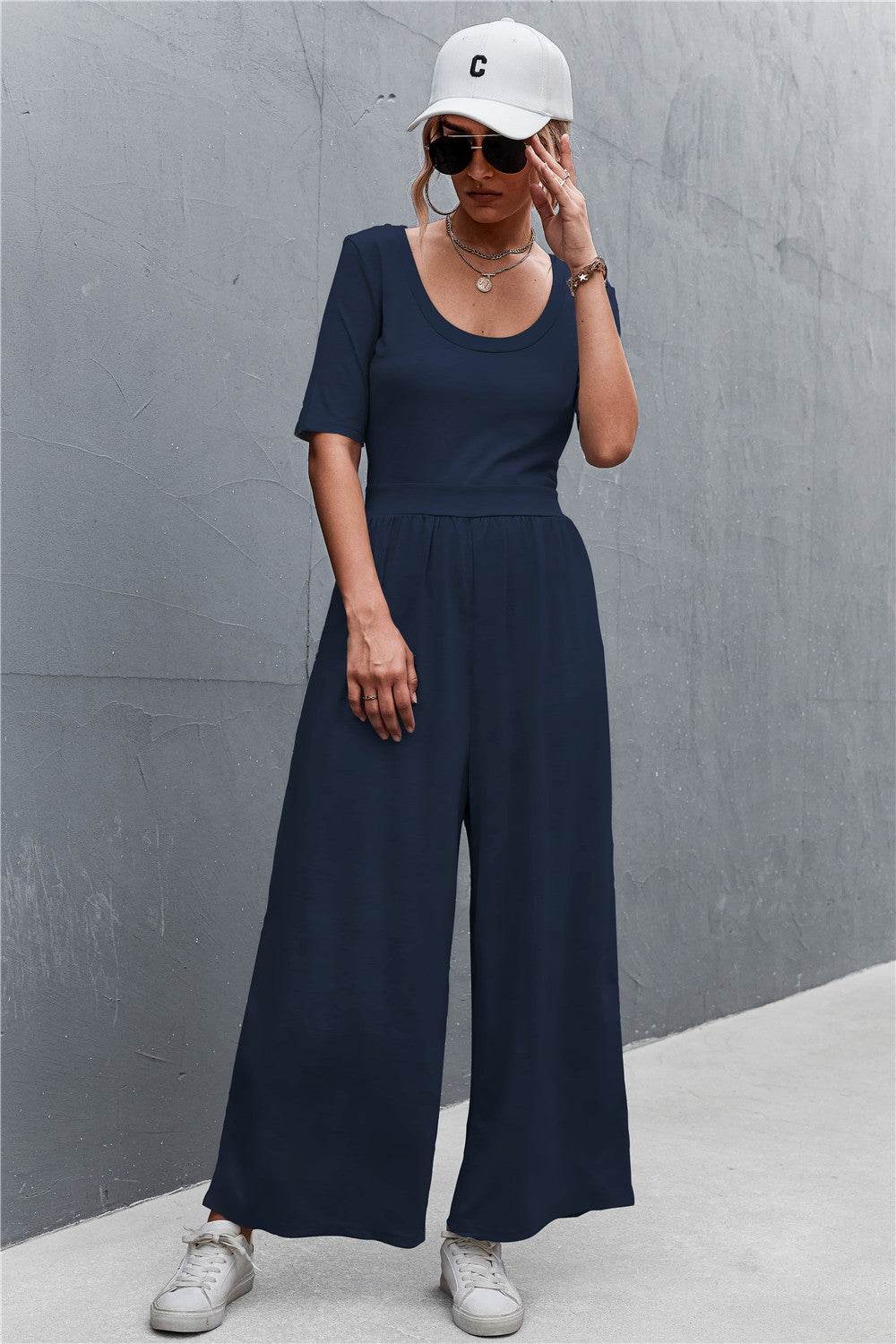 Scoop Neck Half Sleeve Wide Leg Jumpsuit - Selvanelle