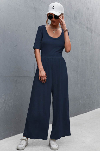 Scoop Neck Half Sleeve Wide Leg Jumpsuit - Selvanelle