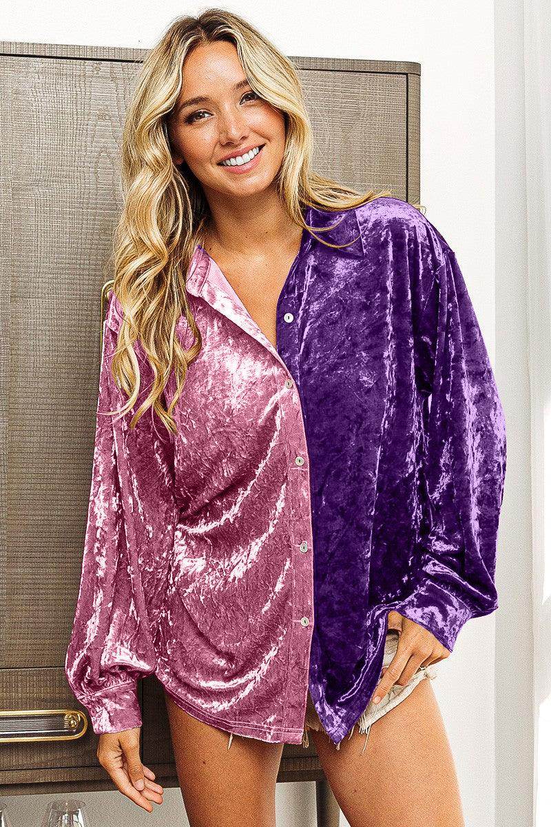 BiBi Contrast Button Up Long Sleeve Shirt for Women - Selvanelle