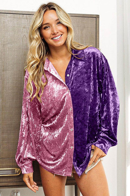 BiBi Contrast Button Up Long Sleeve Shirt for Women - Selvanelle