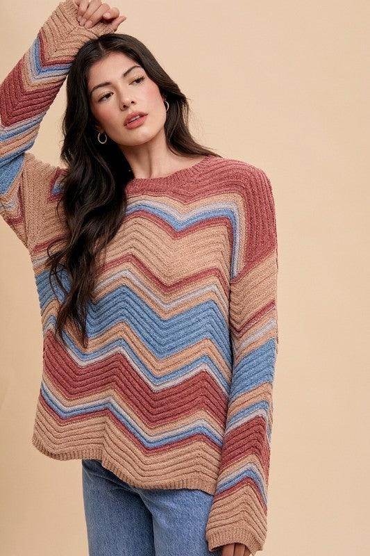 Annie Wear Multi Color Zig-Zag Round Neck Sweater for Women - Selvanelle
