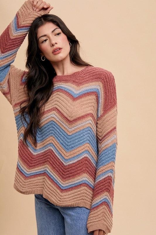 Annie Wear Multi Color Zig-Zag Round Neck Sweater for Women