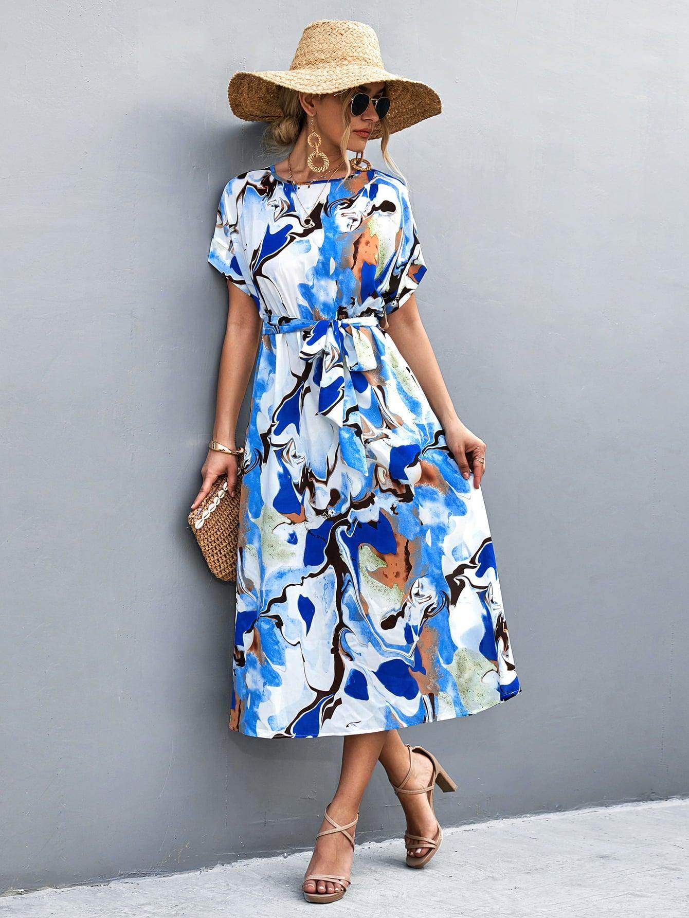 Round Neck Short Sleeve Tie Waist Midi Dress for Women - Selvanelle