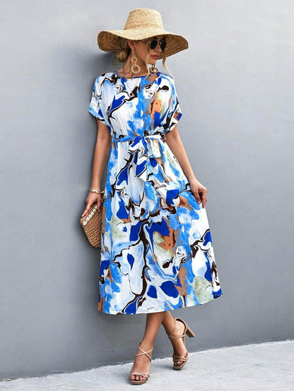 Round Neck Short Sleeve Tie Waist Midi Dress for Women - Selvanelle
