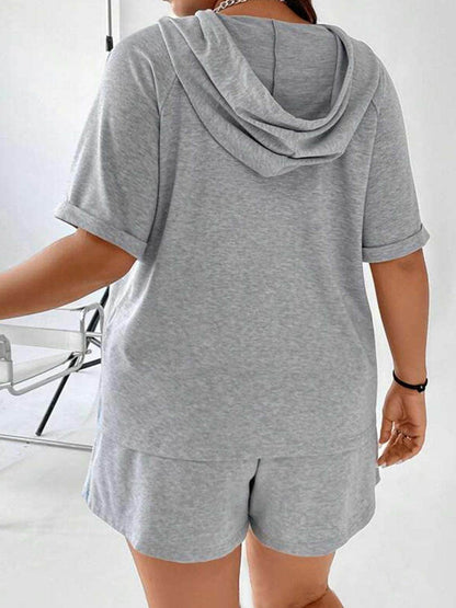 Full Size Drawstring Half Zip Hooded Top and Shorts Set Plus Size - Selvanelle