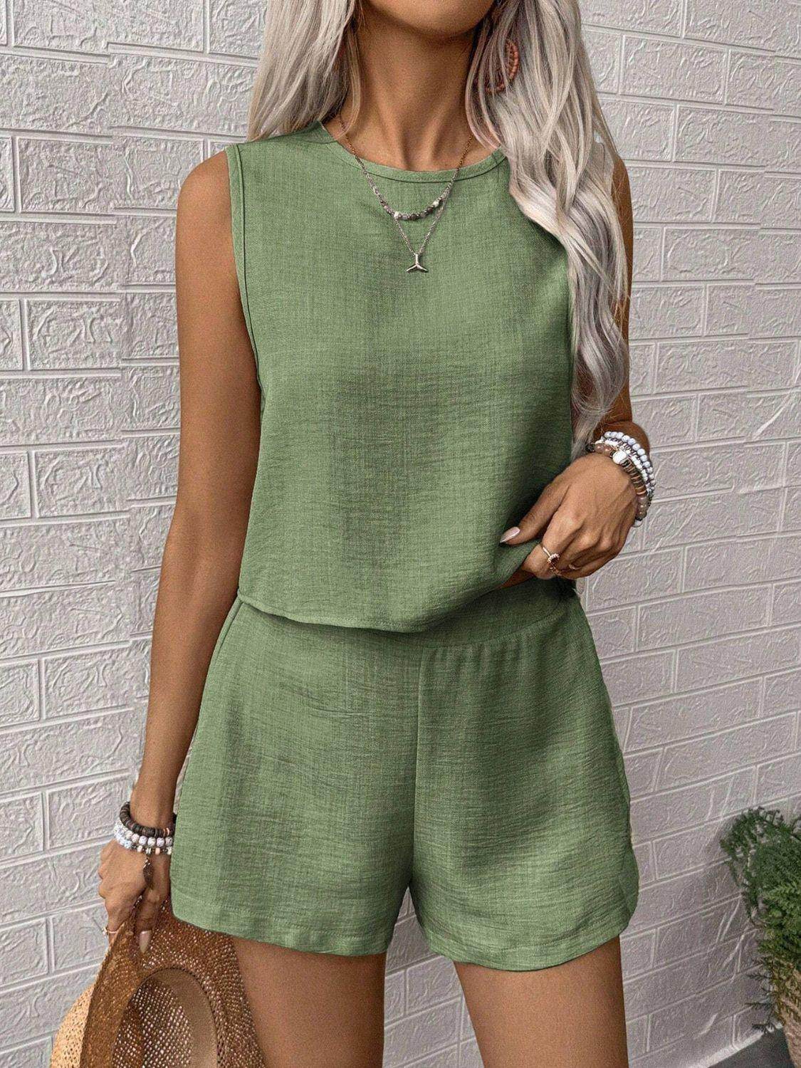 Round Neck Sleeveless Top and Shorts Set for Women - Selvanelle