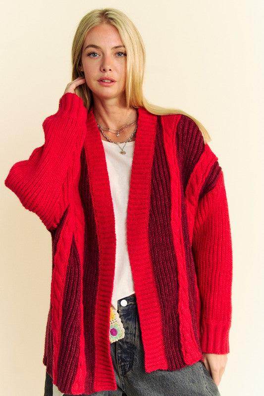 Davi & Dani Cable-Knit Color Block Open Front Cardigan Cozy - Selvanelle