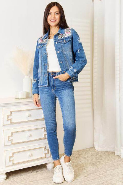 Baeful Leopard Floral Distressed Raw Hem Denim Jacket Women - Selvanelle