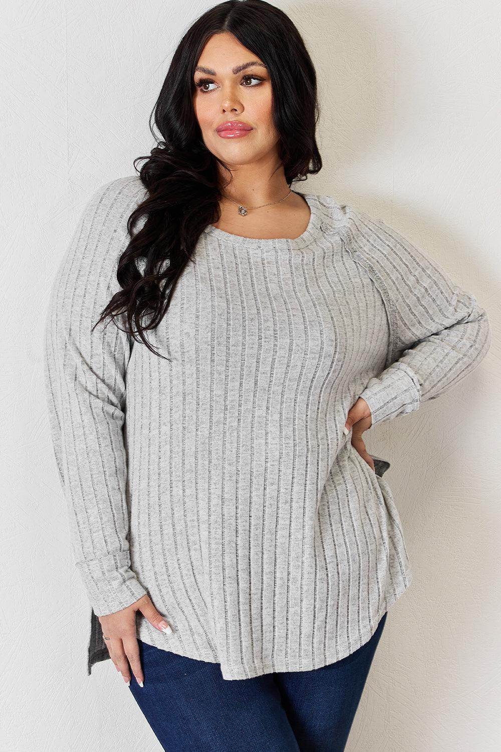 Basic Bae Full Size Ribbed Round Neck Slit T-Shirt for Women - Selvanelle