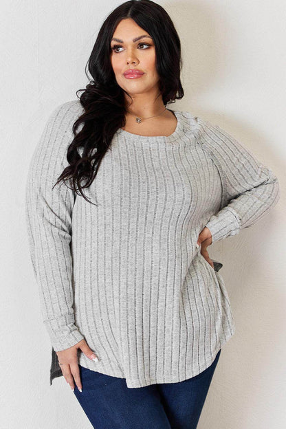 Basic Bae Full Size Ribbed Round Neck Slit T-Shirt for Women - Selvanelle