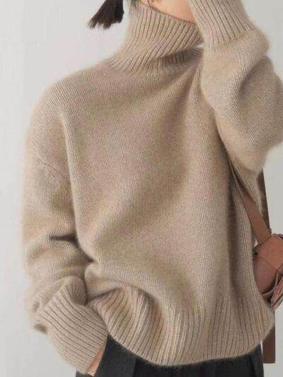 Turtleneck Dropped Shoulder Long Sleeve Sweater for Women - Selvanelle