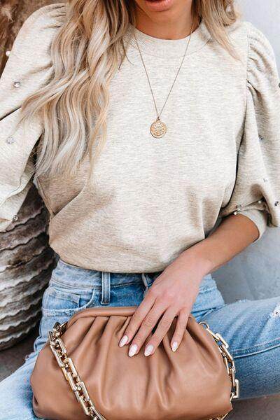 Rhinestone Pearl Detail Round Neck Puff Sleeve Top Women - Selvanelle