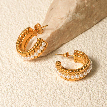 Stainless Steel Pearl C-Hoop Earrings for Stylish Elegance - Selvanelle