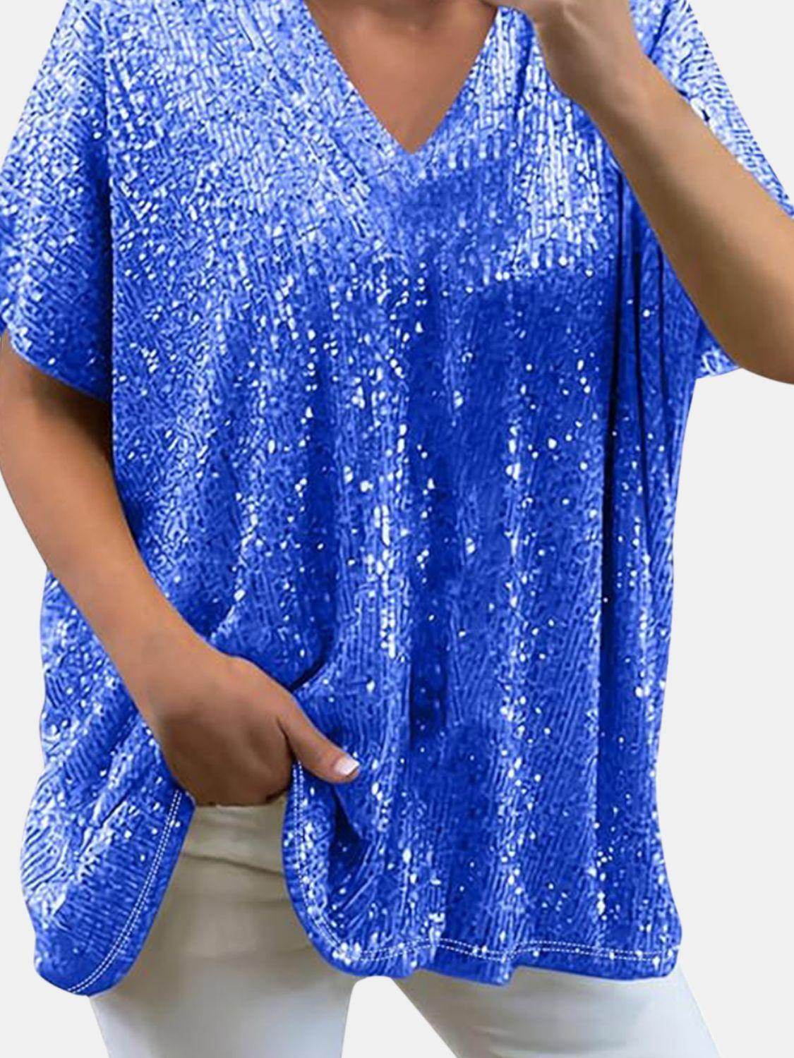Full Size Sequin V-Neck Short Sleeve Top for Women - Selvanelle