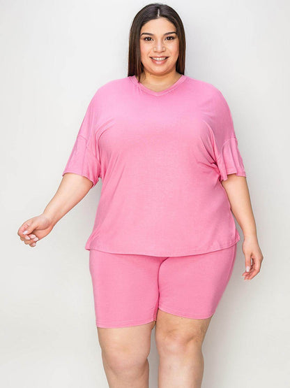 Basic Bae Full Size V-Neck Drop Shoulder T-Shirt Set - Selvanelle