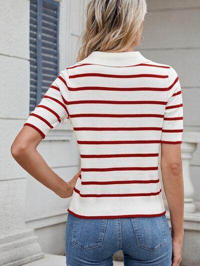 Striped Johnny Collar Short Sleeve Sweater for Women - Selvanelle