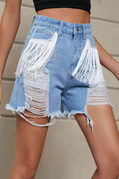 Fringe Trim Distressed Denim Shorts with Pockets for Women - Selvanelle