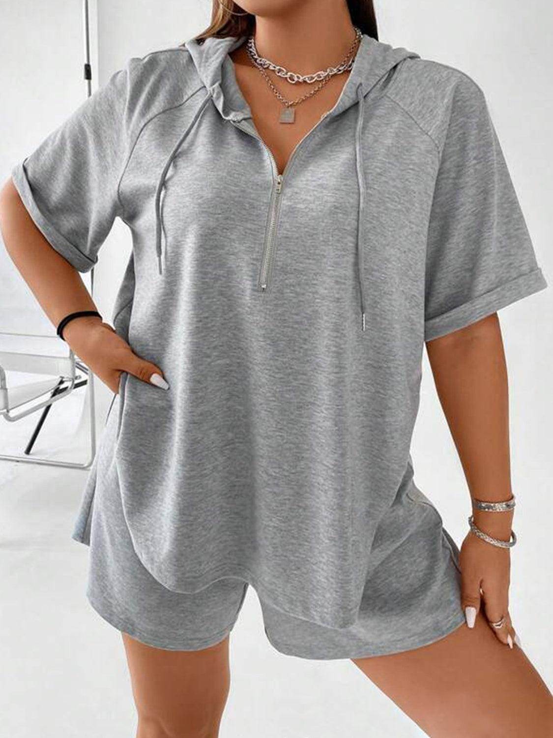 Full Size Drawstring Half Zip Hooded Top and Shorts Set Plus Size - Selvanelle
